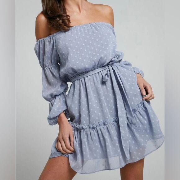 NWT SHOWPO. Off the Shoulder Party Life A-Line Mini Dress Purple - 4 - Picture 1 of 15